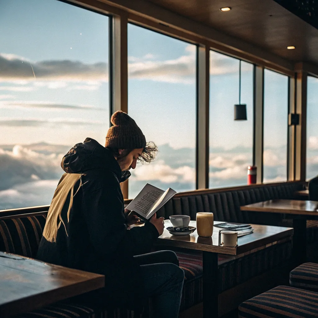 Traveler enjoying a book at a cafe