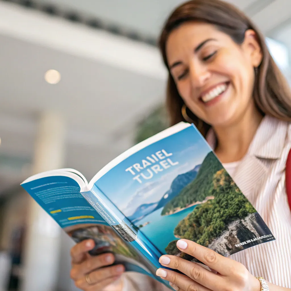 Customer smiling with a travel book